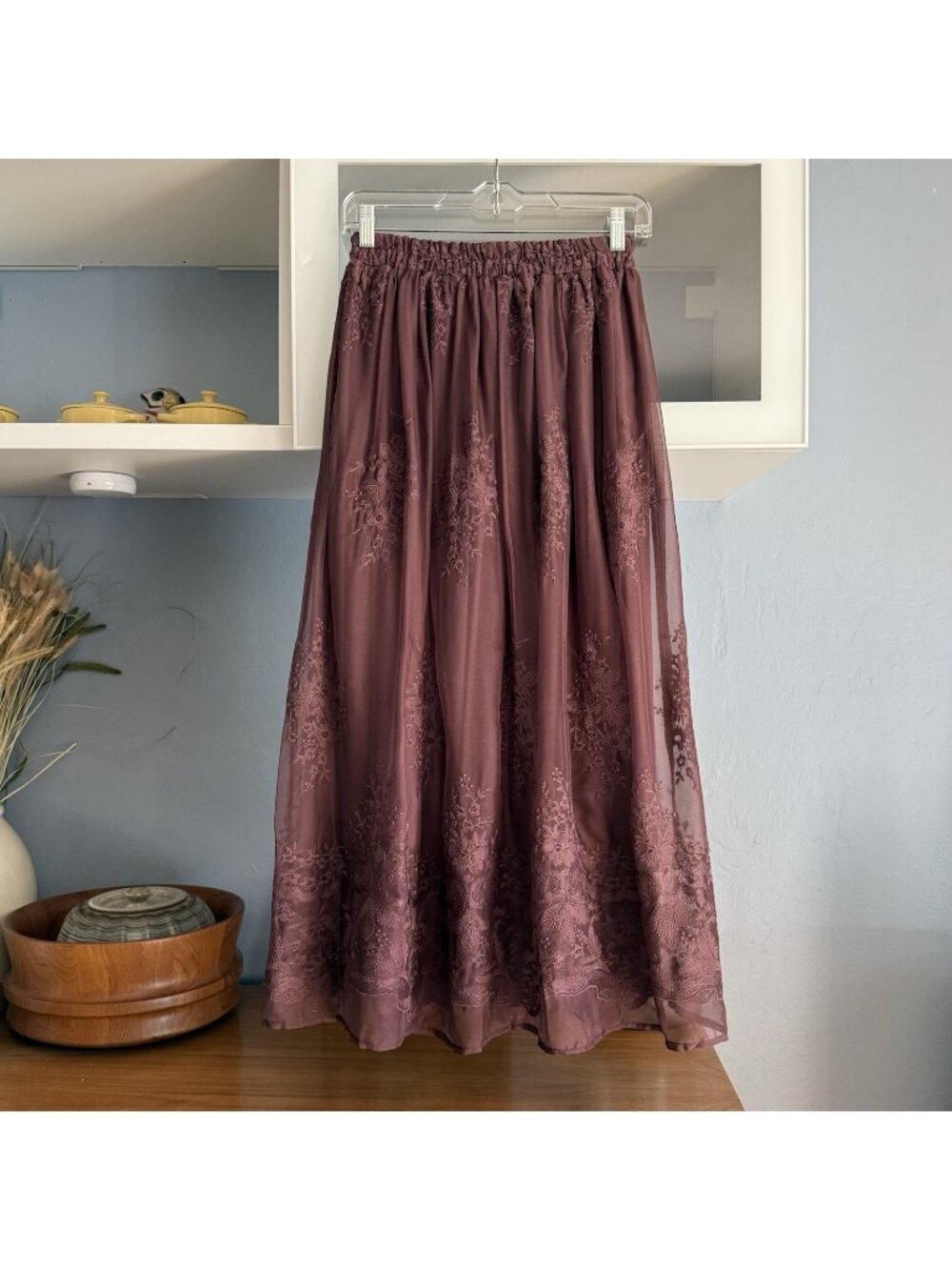 Bohme Grace Floral Embroidered Tulle Midi Maxi Skirt Maroon Whimsy Cottage